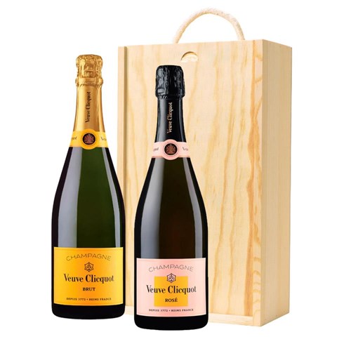 Veuve Clicquot Brut and Veuve Clicquot Rose Double Pine Wooden Gift Boxed (2x75cl)